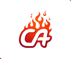 Uppercase initial logo letter CA with blazing flame silhouette,  simple and retro style logotype for adventure and sport activity.