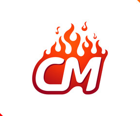 Uppercase initial logo letter CM with blazing flame silhouette,  simple and retro style logotype for adventure and sport activity.