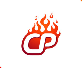 Uppercase initial logo letter CP with blazing flame silhouette,  simple and retro style logotype for adventure and sport activity.
