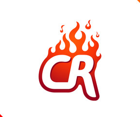 Uppercase initial logo letter CR with blazing flame silhouette,  simple and retro style logotype for adventure and sport activity.