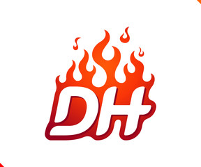 Uppercase initial logo letter DH with blazing flame silhouette,  simple and retro style logotype for adventure and sport activity.