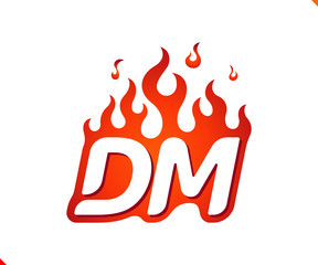 Uppercase initial logo letter DM with blazing flame silhouette,  simple and retro style logotype for adventure and sport activity.