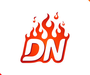 Uppercase initial logo letter DN with blazing flame silhouette,  simple and retro style logotype for adventure and sport activity.