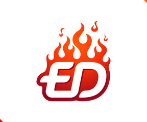 Uppercase initial logo letter ED with blazing flame silhouette,  simple and retro style logotype for adventure and sport activity.