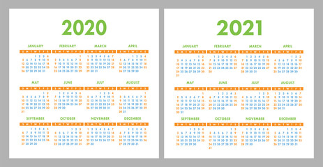 Calendar 2020, 2021. Square vector calender design template. English colorful set. Week starts on Sunday. New year