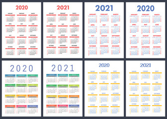 Calendar 2020, 2021 years. Colorful vector set. Week starts on Sunday. Vertical English calender design template