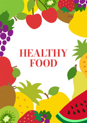 Healthy food vertical banner. Fruits sketch menu frame. Color fresh apple, grapes, pineapple, watermelon, cherry, strawberry, kiwi and pear. Design template. Organic vegan market
