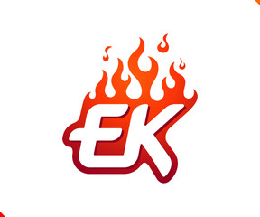 Uppercase initial logo letter EK with blazing flame silhouette,  simple and retro style logotype for adventure and sport activity.