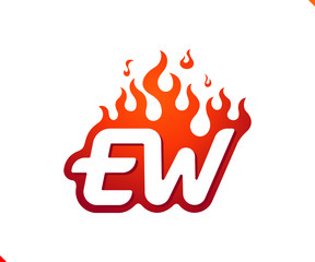 Uppercase initial logo letter EW with blazing flame silhouette,  simple and retro style logotype for adventure and sport activity.