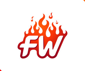 Uppercase initial logo letter FW with blazing flame silhouette,  simple and retro style logotype for adventure and sport activity.