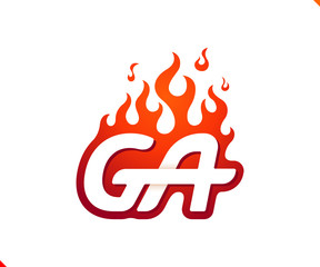 Uppercase initial logo letter GA with blazing flame silhouette,  simple and retro style logotype for adventure and sport activity.