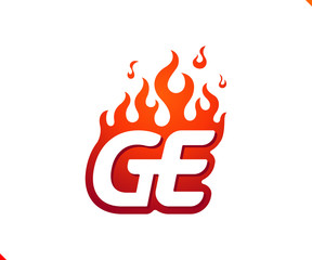 Uppercase initial logo letter GE with blazing flame silhouette,  simple and retro style logotype for adventure and sport activity.