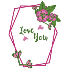 Various shape card love you, with green leaves and flower frame. Vector