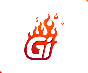 Uppercase initial logo letter GI with blazing flame silhouette,  simple and retro style logotype for adventure and sport activity.