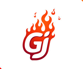 Uppercase initial logo letter GJ with blazing flame silhouette,  simple and retro style logotype for adventure and sport activity.