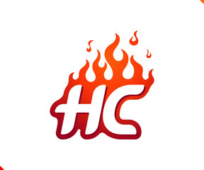 Uppercase initial logo letter HC with blazing flame silhouette,  simple and retro style logotype for adventure and sport activity.