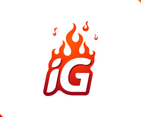 Uppercase initial logo letter IG with blazing flame silhouette,  simple and retro style logotype for adventure and sport activity.