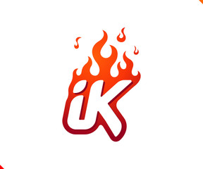Uppercase initial logo letter IK with blazing flame silhouette,  simple and retro style logotype for adventure and sport activity.