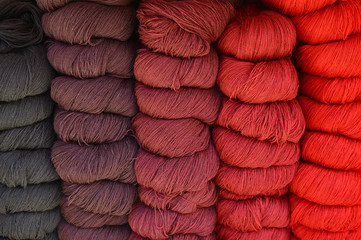 Alpaca wool yarn balls for sale in a local art and craft market in Cusco, Peru.