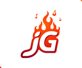 Uppercase initial logo letter JG with blazing flame silhouette,  simple and retro style logotype for adventure and sport activity.