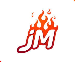 Uppercase initial logo letter JM with blazing flame silhouette,  simple and retro style logotype for adventure and sport activity.
