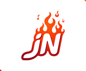 Uppercase initial logo letter JN with blazing flame silhouette,  simple and retro style logotype for adventure and sport activity.