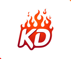 Uppercase initial logo letter KD with blazing flame silhouette,  simple and retro style logotype for adventure and sport activity.