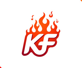 Uppercase initial logo letter KF with blazing flame silhouette,  simple and retro style logotype for adventure and sport activity.