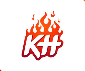 Uppercase initial logo letter KH with blazing flame silhouette,  simple and retro style logotype for adventure and sport activity.