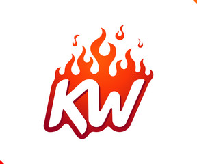 Uppercase initial logo letter KW with blazing flame silhouette,  simple and retro style logotype for adventure and sport activity.