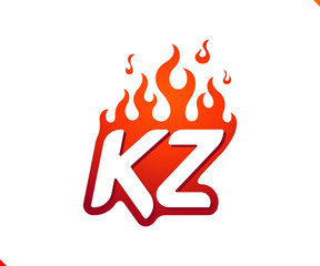 Uppercase initial logo letter KZ with blazing flame silhouette,  simple and retro style logotype for adventure and sport activity.