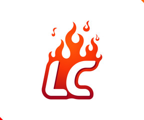 Uppercase initial logo letter LC with blazing flame silhouette,  simple and retro style logotype for adventure and sport activity.