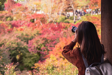 Young woman traveler looking and photographing beautiful autumn in Japan, Travel lifestyle concept