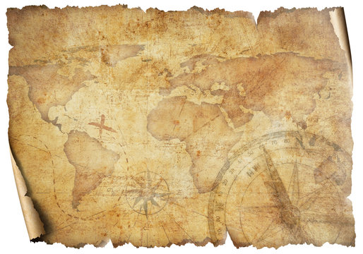 Vintage old travel world map isolated on white. Based on image furnished from NASA.