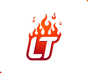 Uppercase initial logo letter LT with blazing flame silhouette,  simple and retro style logotype for adventure and sport activity.