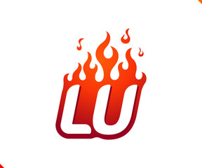 Uppercase initial logo letter LU with blazing flame silhouette,  simple and retro style logotype for adventure and sport activity.