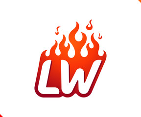 Uppercase initial logo letter LW with blazing flame silhouette,  simple and retro style logotype for adventure and sport activity.