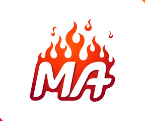 Uppercase initial logo letter MA with blazing flame silhouette,  simple and retro style logotype for adventure and sport activity.
