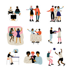 Friends Spending Time Together Set, Young Man and Woman Meeting, Talking, Playing Games, Giving Gifts, Drinking Tea at Cafe, Vector Illustration