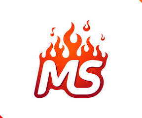 Uppercase initial logo letter MS with blazing flame silhouette,  simple and retro style logotype for adventure and sport activity.