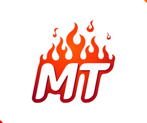 Uppercase initial logo letter MT with blazing flame silhouette,  simple and retro style logotype for adventure and sport activity.