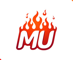 Uppercase initial logo letter MU with blazing flame silhouette,  simple and retro style logotype for adventure and sport activity.