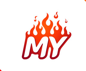 Uppercase initial logo letter MY with blazing flame silhouette,  simple and retro style logotype for adventure and sport activity.
