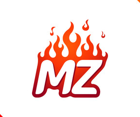 Uppercase initial logo letter MZ with blazing flame silhouette,  simple and retro style logotype for adventure and sport activity.