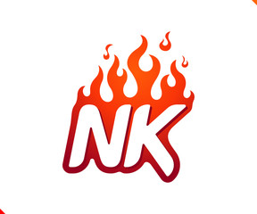 Uppercase initial logo letter NK with blazing flame silhouette,  simple and retro style logotype for adventure and sport activity.
