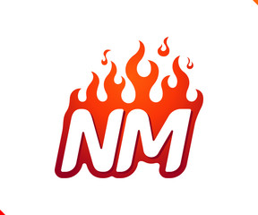 Uppercase initial logo letter NM with blazing flame silhouette,  simple and retro style logotype for adventure and sport activity.