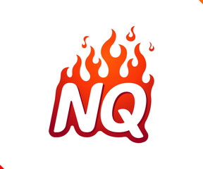 Uppercase initial logo letter NQ with blazing flame silhouette,  simple and retro style logotype for adventure and sport activity.