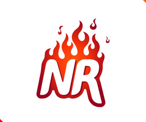 Uppercase initial logo letter NR with blazing flame silhouette,  simple and retro style logotype for adventure and sport activity.