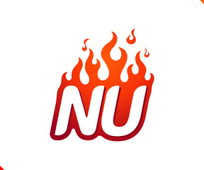 Uppercase initial logo letter NU with blazing flame silhouette,  simple and retro style logotype for adventure and sport activity.