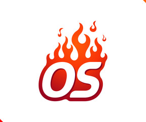 Uppercase initial logo letter OS with blazing flame silhouette,  simple and retro style logotype for adventure and sport activity.
